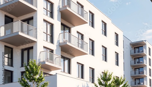 The contemporary urban apartment building features a clean, modern design with balconies and large windows. 