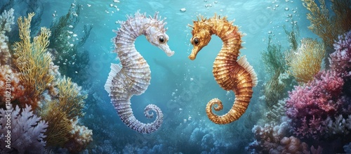 Two seahorses facing each other underwater, surrounded by vibrant coral reefs.