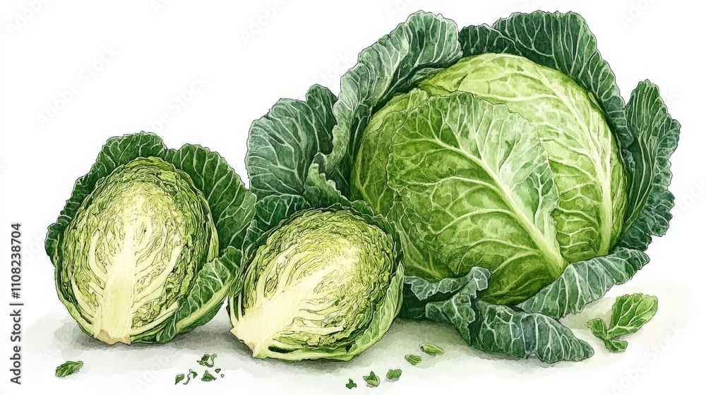 Fototapeta premium Brightly colored savoy cabbage is beautifully illustrated in aquarelle style on a white backdrop