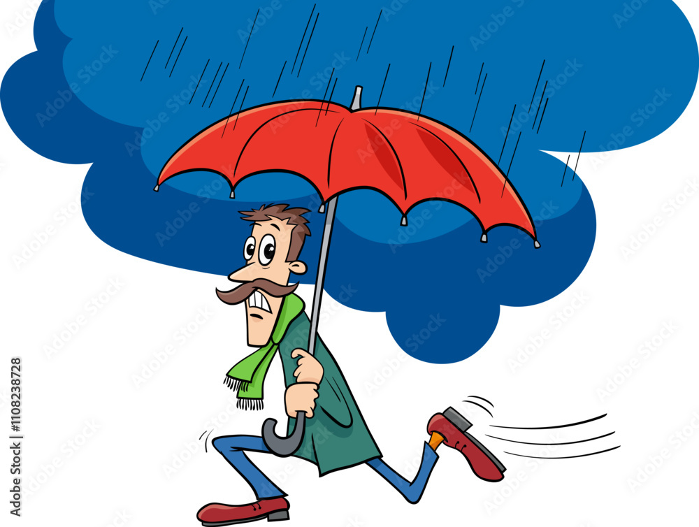 cartoon man with an umbrella fleeing the rain
