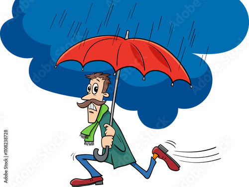 Obraz na płótnie cartoon man with an umbrella fleeing the rain w salonie
