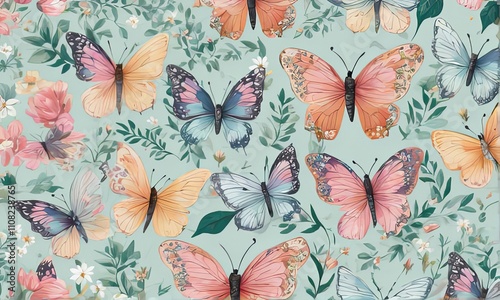 Whimsical butterflies dancing through garden of vivid flowers, capturing essence of spring and renewal, for childrens illustration, playful design, decoration, greeting card, floral design, print.