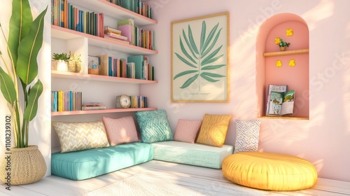 Inviting Reading Nook with Colorful Cushions, Eclectic Bookshelves, and Playful Wall Art | Ultra-Detailed, Dopamine Decor Concept photo