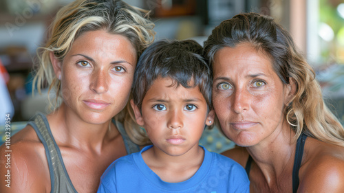 lesbian homosexual couple with their daughter baby at home. photo