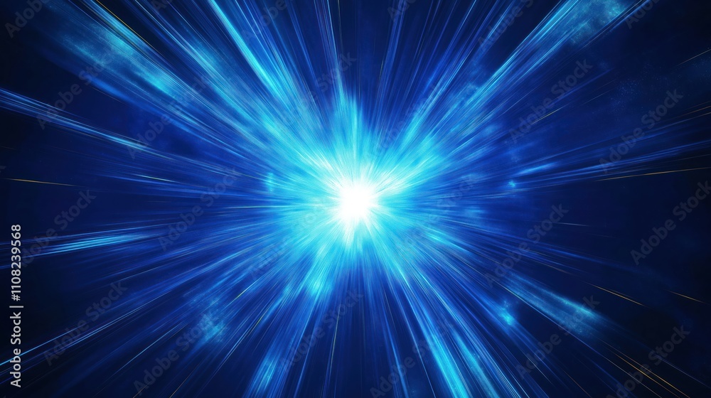 Obraz premium Dynamic blue light burst radiates outwards creating energetic atmosphere. Abstract vibrant light explosion. Fast moving light rays illustrate high energy. Cosmic energy concept. Abstract design.