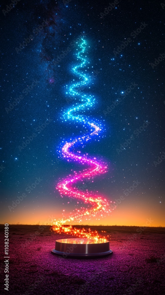 Obraz premium A swirling, colorful, light trail rising up into the night sky, creating the shape of a Christmas tree against a backdrop of stars.
