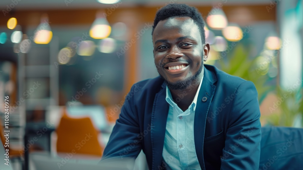 Obraz premium A portrait of a smiling Black man in a blue blazer and light blue shirt seated in a modern office. The background is blurred