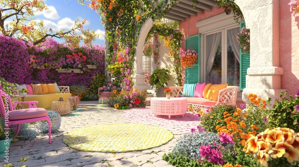 Blissful Garden Escape: A Burst of Colorful Flowers and Playful Decor for Relaxation and Gatherings Blissful Garden Escape: A Burst of Colorful Flowers and Playful Decor for Relaxation and Gatherings