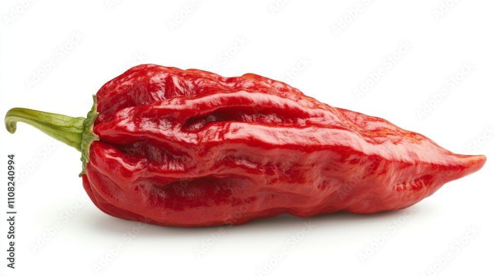 Fototapeta premium Fresh red sweet pepper displays its smooth skin and rich color on a white surface