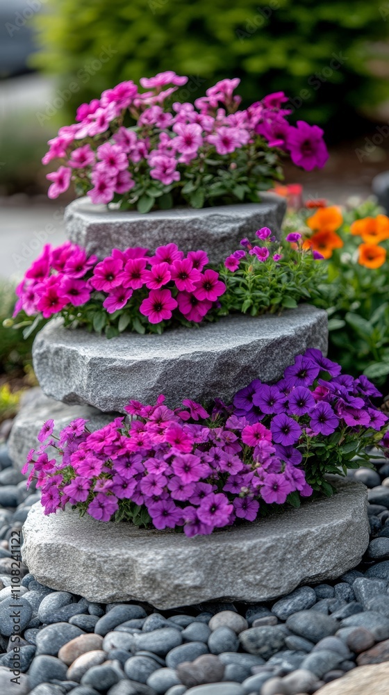 A tiered stone planter with three layers of vibrant pink, magenta, and purple petunias. A tiered stone planter with three layers of vibrant pink, magenta, and purple petunias.