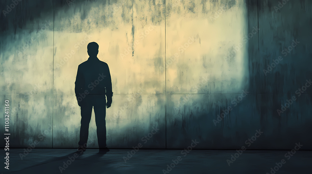 Obraz premium A man is standing in front of a wall with a shadow of him on the wall. Shadowed. Illustration