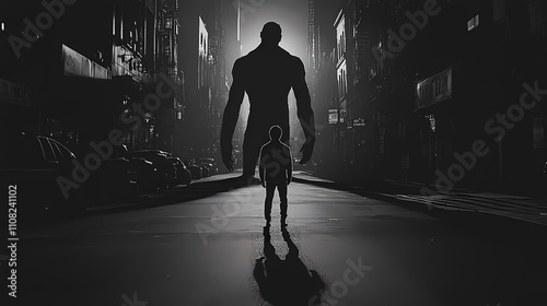 A lone teenager walking down an empty city street at night their looming shadow cast larger than themselves symbolizing the emotional weight and inner turmoil they are carrying. Shadowed. Illustration