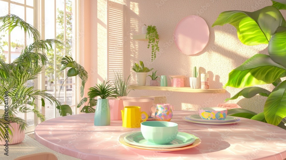 Fototapeta premium Vibrant Morning Bliss: A Joyful Breakfast Nook with Colorful Tableware and Playful Decor