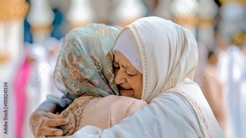 Muslim women sharing comfort hugs and good wishes after prayers. Ramadan celebration concept