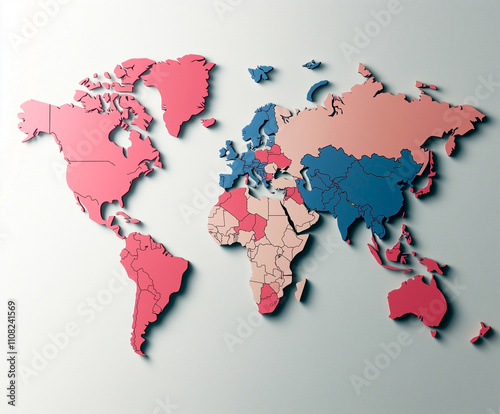 Colorful world map illustration showcasing continents and countries in vibrant shades photo