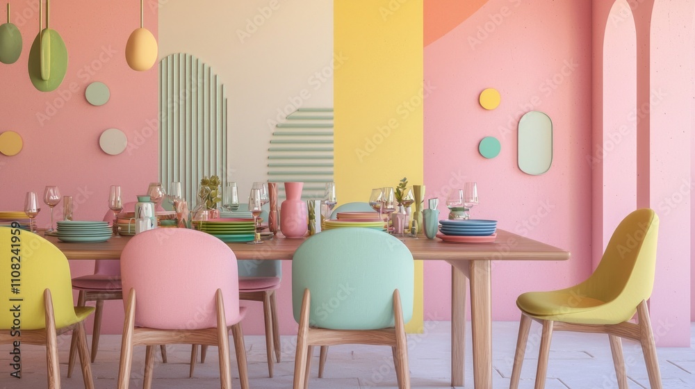Obraz premium Vibrant Dining Room with Colorful Chairs, Eclectic Tableware, and Playful Wall Art for Joyful Meals and Celebrations