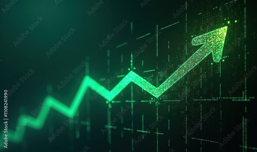 Fototapeta premium A glowing green graph arrow representing growth and progress, ideal for financial, marketing, or business strategy visuals.