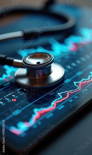 A close-up of a stethoscope on a digital screen displaying health data analysis, symbolizing the intersection of healthcare and technology.