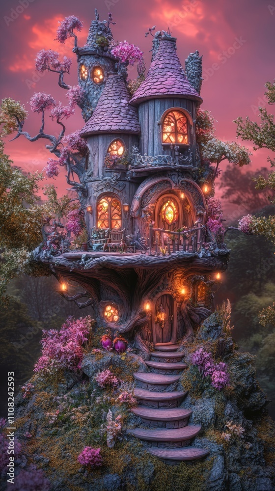 Obraz premium A whimsical treehouse with glowing windows sits atop a large tree trunk, surrounded by blooming flowers and a magical sunset.