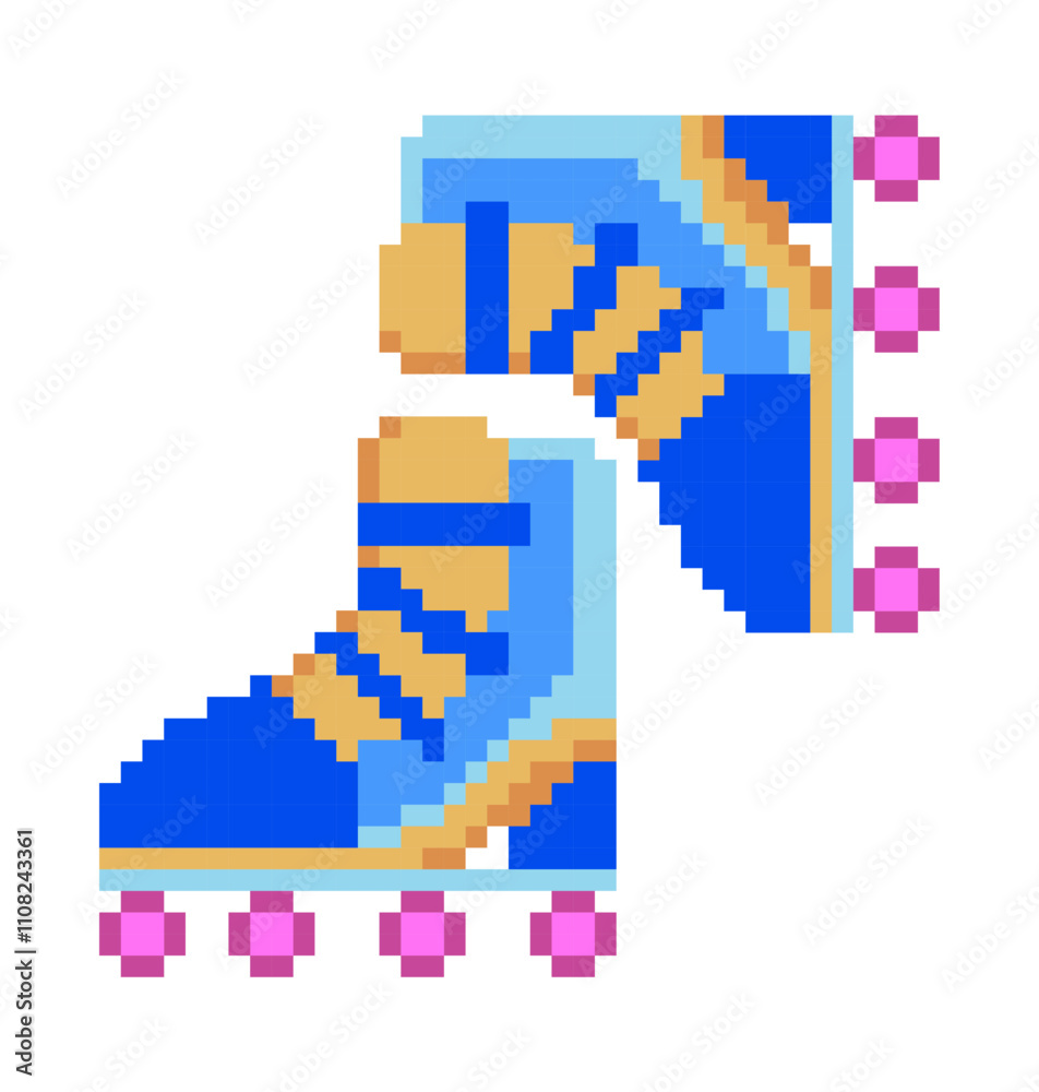 Fototapeta premium Retro Pixel Art Roller Skates, 8-bit Icon.