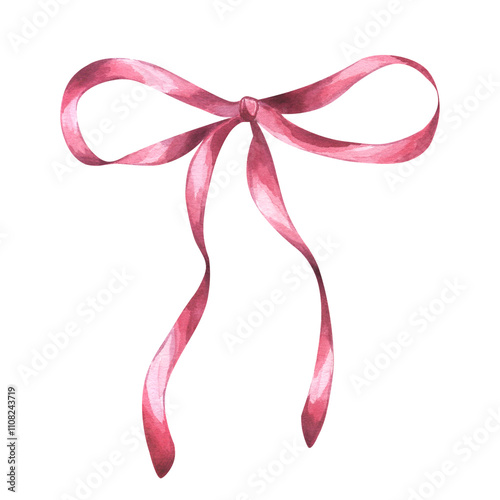 Red Christmas bow, long silk ribbon. Decorative burgundy accessory for girls hair, gift wrapping, valentine's day. Hand drawn watercolor illustration isolated on white background. For postcard