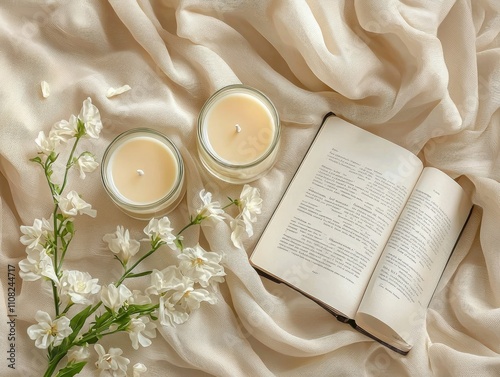  Two lit candles in glass jars, an open book  and a bouquet of white flowers. These items are placed on a soft, flowing beige fabric background, the warm and serene atmosphere