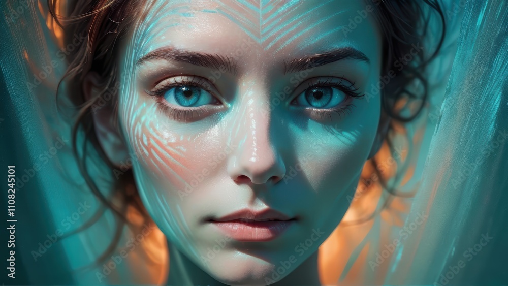 Fototapeta premium Ethereal close-up portrait of a woman with glowing blue patterns on her face, illuminated by teal and warm orange lighting.