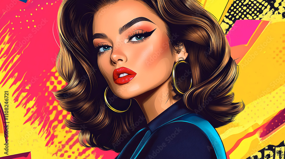Obraz premium Vibrant pop art portrayal of a stylish woman showcasing confidence and modern elegance against a colorful backdrop