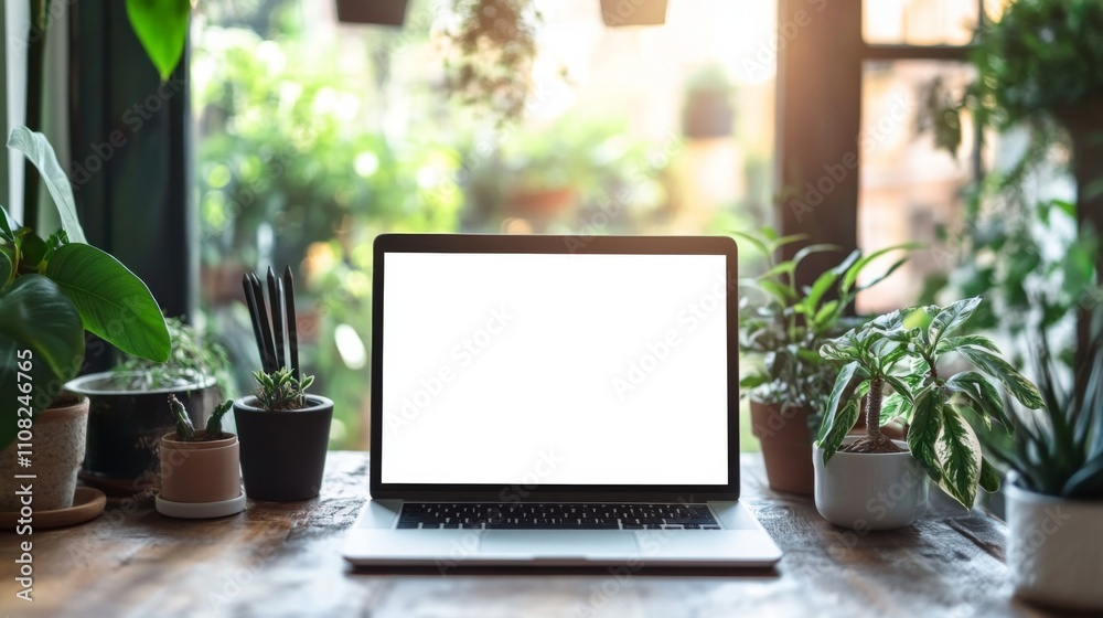 Fototapeta premium Laptop with Blank Screen Surrounded by Indoor Plants