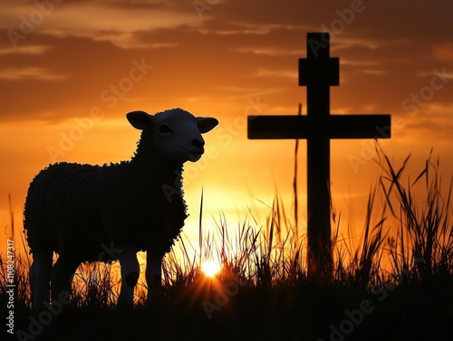 Silhouette a lamb in front the cross at sunrise, symbolizing resurrection