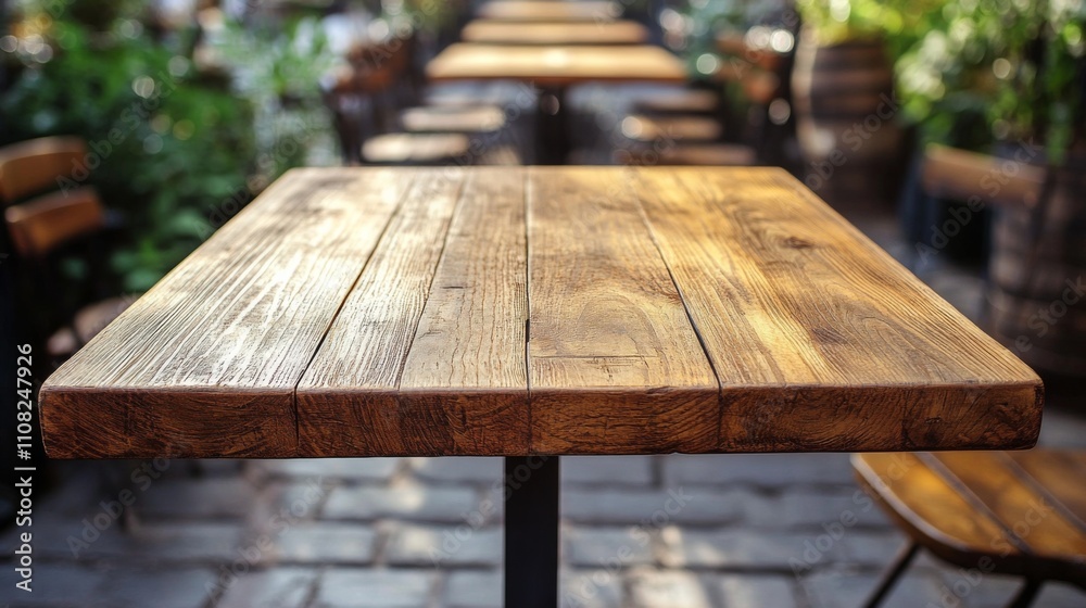 Fototapeta premium Rustic Wooden Table in Outdoor Cafe
