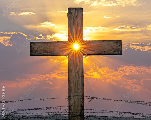 Wooden cross with sun setting behind, breaking through a barrier wire