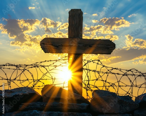 Wooden cross with sun setting behind, breaking through a barrier wire