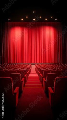 An empty theater with red velvet seats and curtains, ready for the show to begin.
