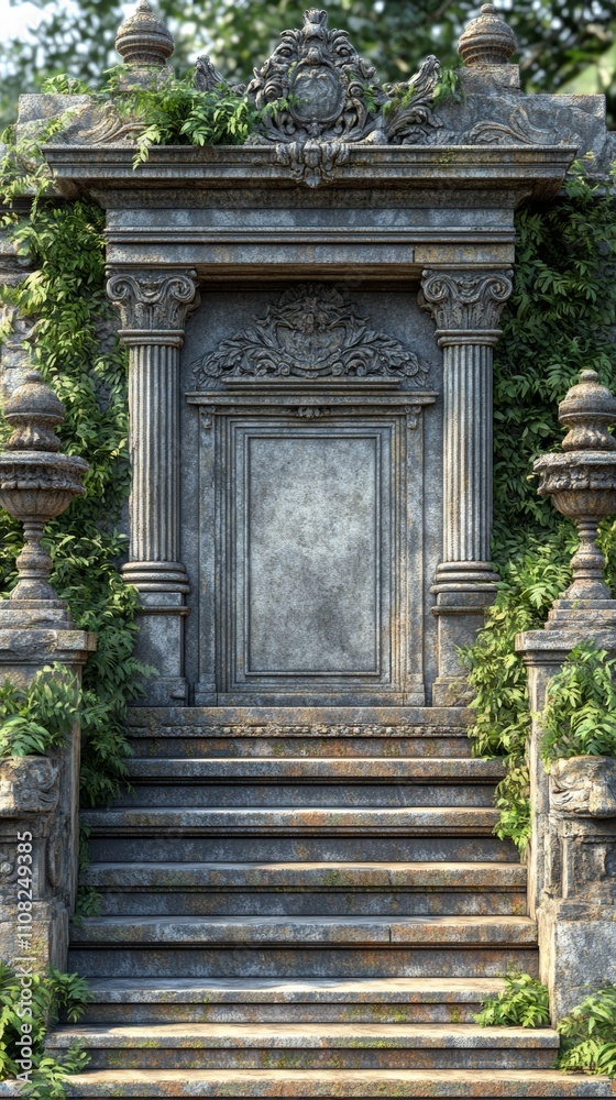 Fototapeta premium An ornate stone doorway with steps leading up to it, overgrown with ivy.