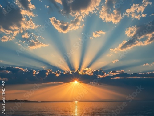 Bright sunlight breaking through clouds over the horizon at dawn