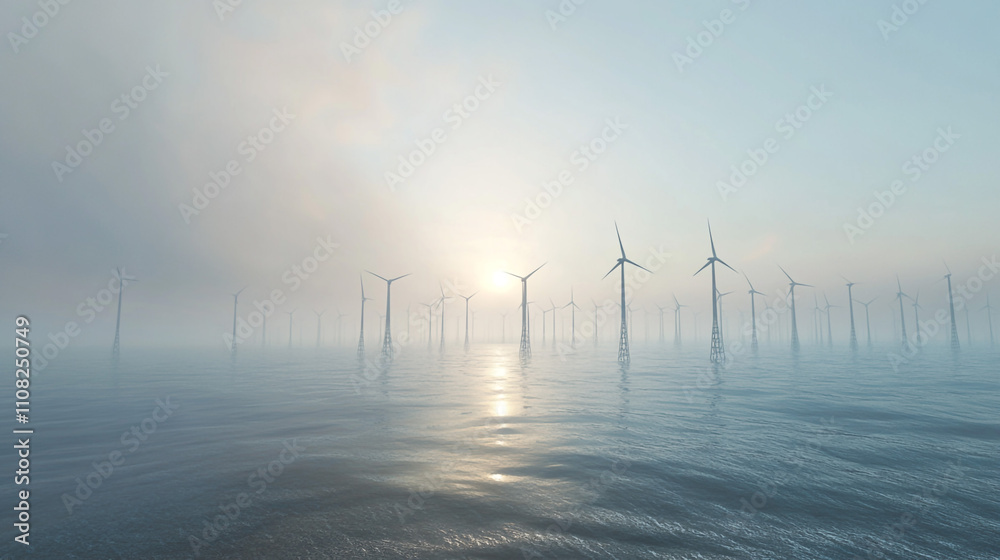 Misty Sunrise Over Offshore Wind Farm Clean Energy Renewable Power Misty Sunrise Over Offshore Wind Farm Clean Energy Renewable Power
