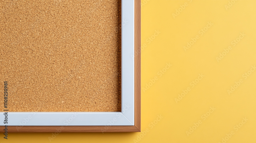 Fototapeta premium Blank Corkboard Notice Board Wooden Frame Yellow Background Office Supplies Message Bo