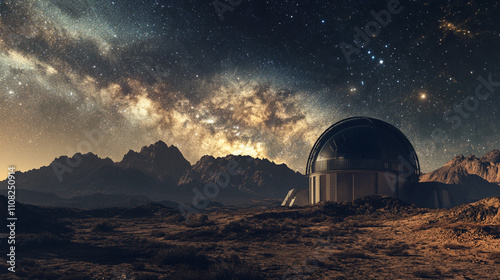 Majestic Observatory under Milky Way Galaxy  Starry Night  Mountains  Desert Landscape