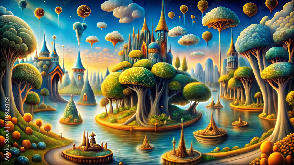 Fototapeta premium Surrealist landscape with whimsical trees, floating balloons, and colorful buildings