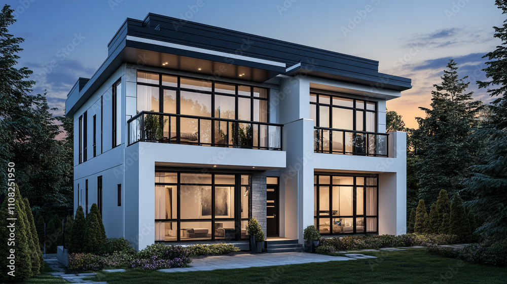 Fototapeta premium Modern Two Story House Exterior Night View Luxury Home Design Real Estate