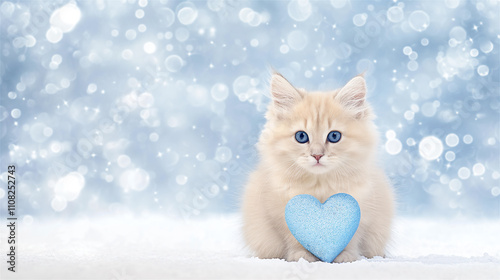 A white, fluffy kitten with blue eyes looks at the camera, holds a blue heart in its paws, sits on the snow against the background of a snowy blue sky, copy space