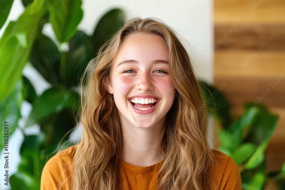Smiling young woman with long hair and green plants in background Smiling young woman with long hair and green plants in background