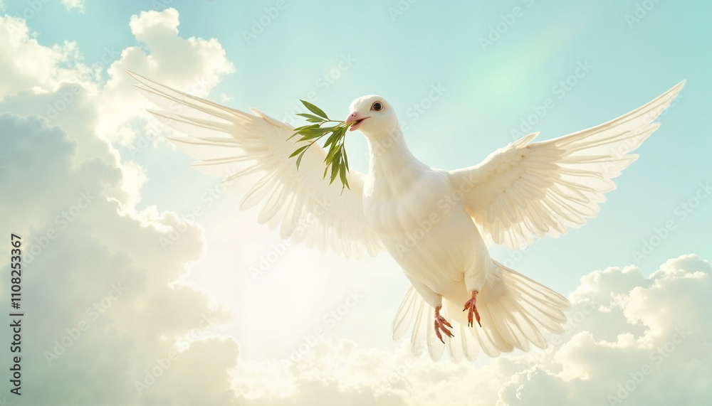 Obraz premium White dove of peace with olive branch in flight against soft clouds symbolizing peace
