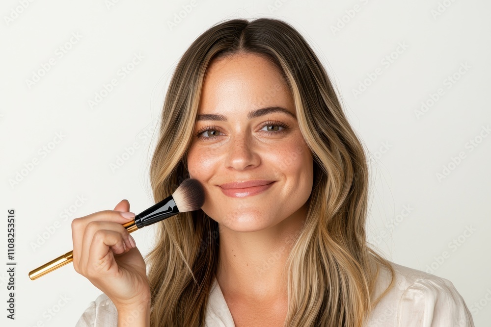 Smiling Woman Applying Makeup with Brush Against Neutral Background Smiling Woman Applying Makeup with Brush Against Neutral Background