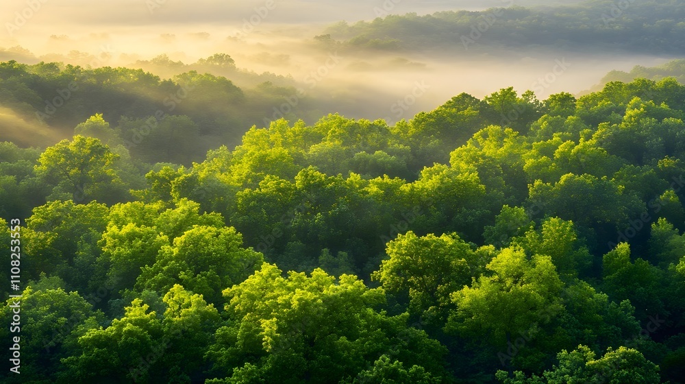 Fototapeta premium Sunrise Mist Over Lush Green Forest