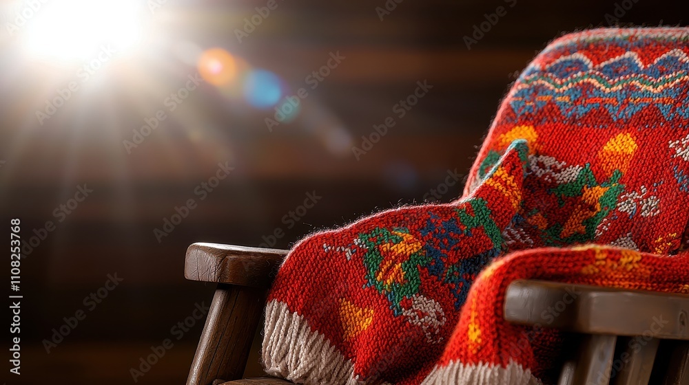 Obraz premium Cozy Red Knit Blanket Draped Over Wooden Chair in Soft Light