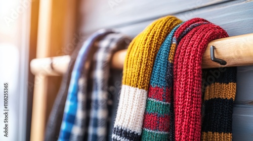 Collection of Colorful Knitted Scarves Hanging on a Rack photo