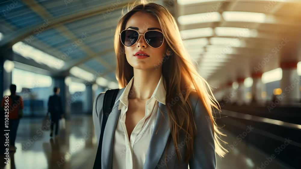 Confident Young Beauty Businesswoman Walking in a Modern Train Station with Stylish Suit and Bag – Professional Travel Concept Confident Young Beauty Businesswoman Walking in a Modern Train Station with Stylish Suit and Bag – Professional Travel Concept