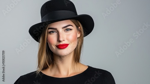 Stylish woman with a black hat and vibrant red lipstick portrait